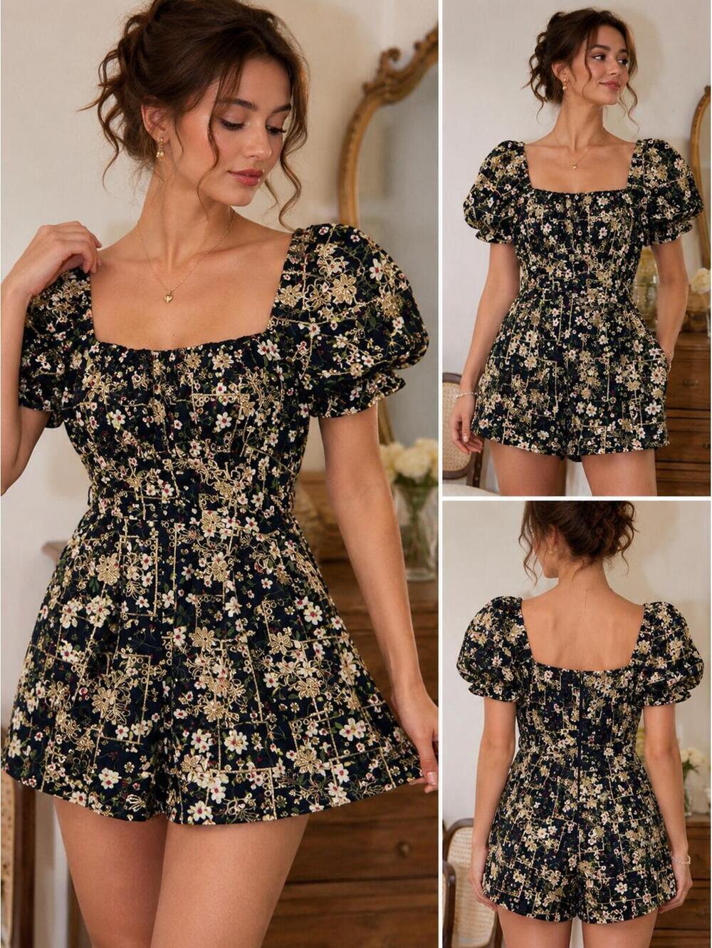Xiarichanming Floral Embroidered Romper Puff Sleeve Cottagecore Coquette M